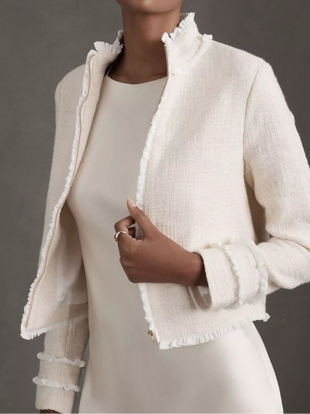 Anthropologie V. Chapman Genevieve Cropped Jacket Ivory Tweed Ruffle NWT-14